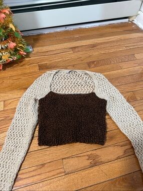 Zara Cream Open-Weave Sleeves with Dark Brown Fuzzy Bodice Sweater